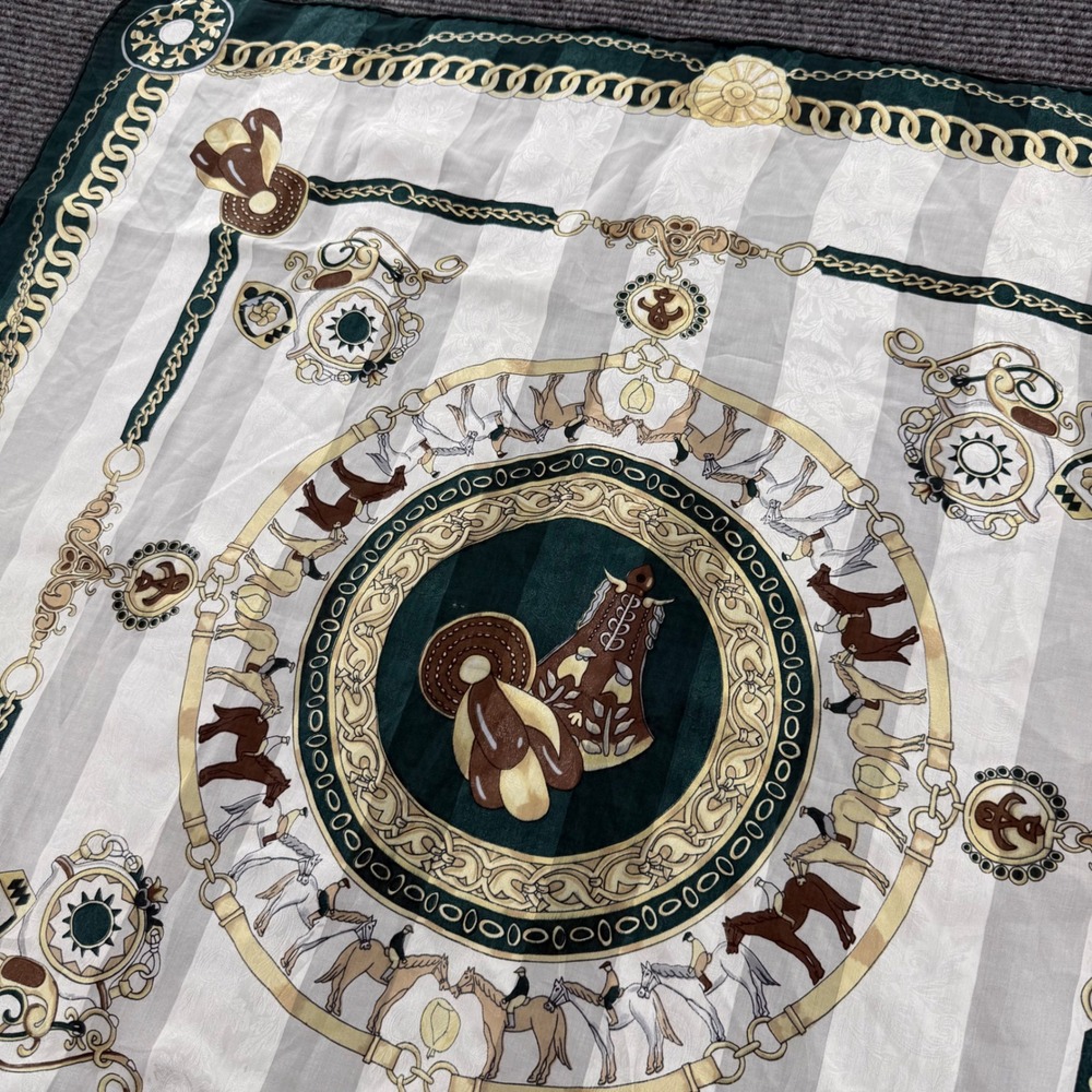 Vintage Silk Square Scarf Green Cream Equestrian Horse Chain Print 35x35